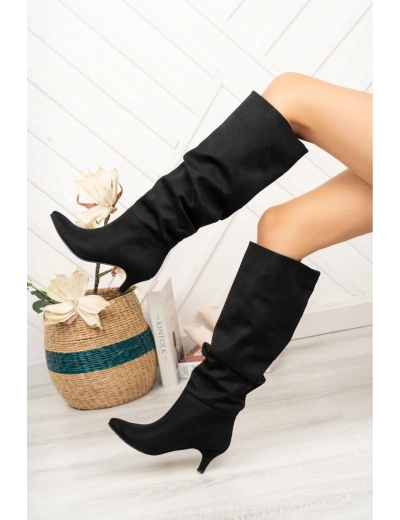 SR-2001 Siyah Süet Körüklü İnce Topuklu Günlük Bayan Çizme