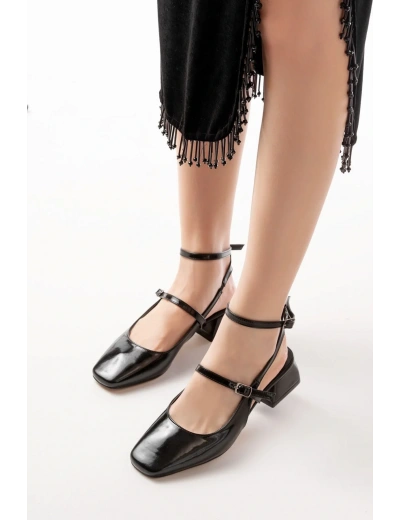 ST-003 Siyah Rugan Günlük 4 cm Topuklu Bayan Ayakkabı