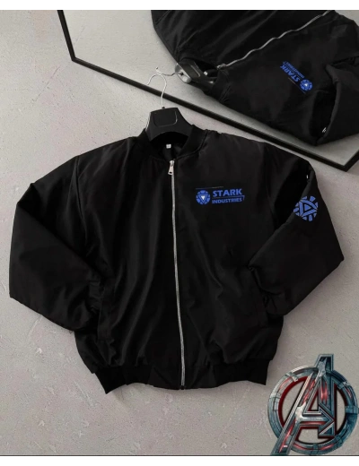 ERKEK Stark Industries Siyah Bomber Mont – Fermuarlı, Cepli, Uzun Kollu, Kapitone Astarlı, Bahar ve Kışlık Ceket - Siyah