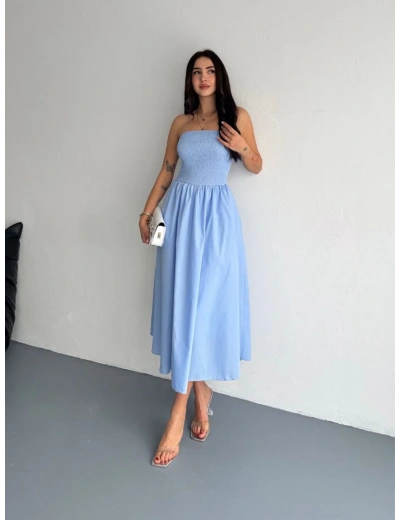 Straplez Pileli Elbise - Açık Mavi