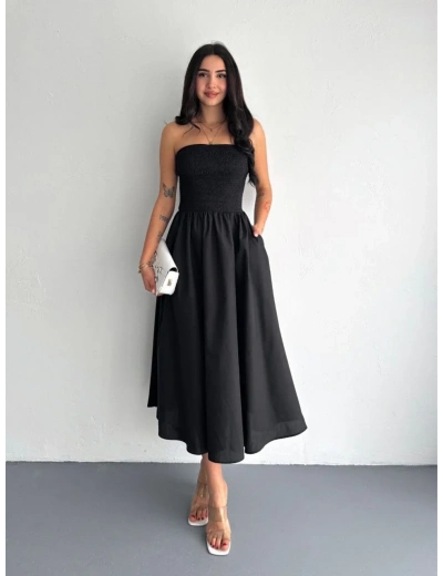 Straplez Pileli Elbise - Siyah