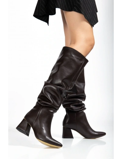 SYT-2002 Kahve Körüklü Kalın Topuklu Günlük Bayan Çizme