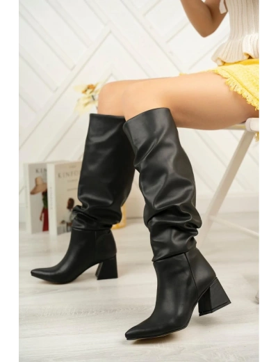 SYT-2002 Siyah Körüklü Kalın Topuklu Günlük Bayan Çizme