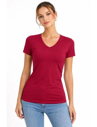 T-Shirt V Yaka Slim Fit Likralı Tişört Günlük Basic Body - Bordo
