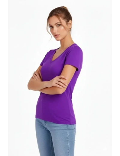T-Shirt V Yaka Slim Fit Likralı Tişört Günlük Basic Body - Mor