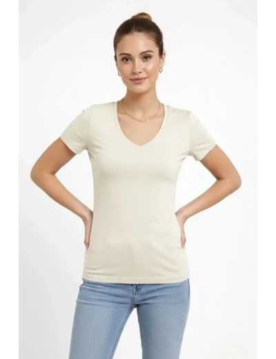 T-Shirt V Yaka Slim Fit Likralı Tişört Günlük Basic Body - Taş