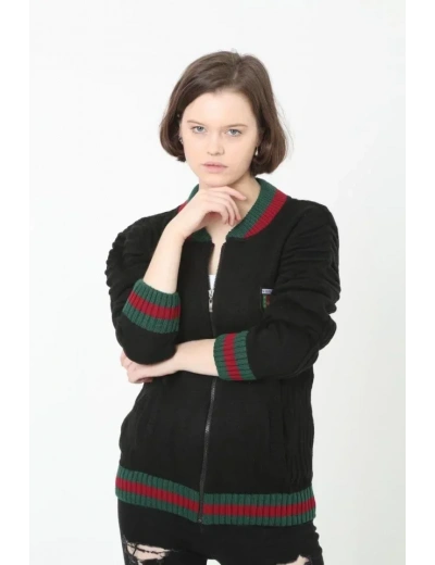 Tam Fermuarlı Triko Hırka - Siyah