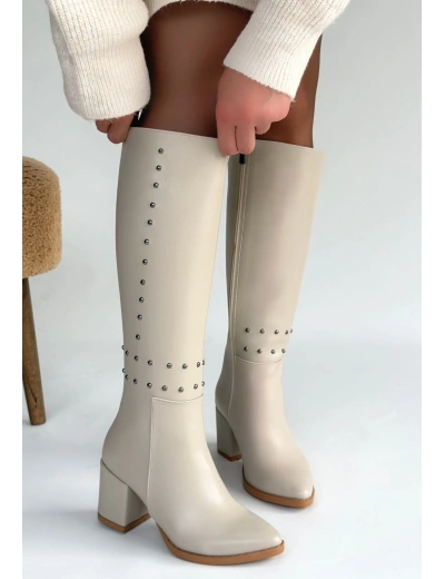 Tiyan Bej Cilt Topuklu Çizme