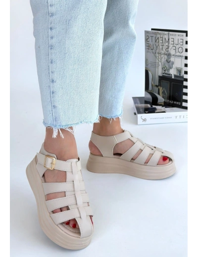 Toten Bej Cilt Kemerli Sandalet