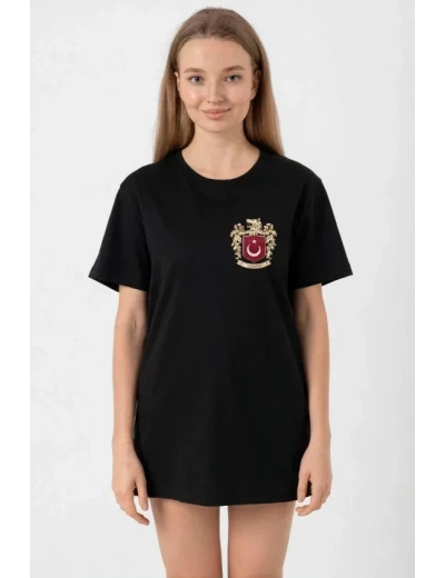 Türk Arma Baskılı Oversize Bisiklet Yaka Günlük T-shirt - Siyah