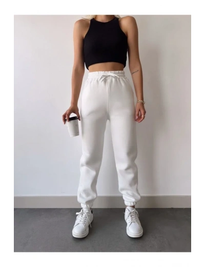 Üç İplik Basic Lastikli Eşofman Pantolon - Beyaz