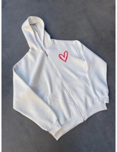 Üç İplik Baskılı Fermuarlı Kapşonlu Hırka - Beyaz