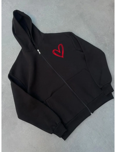 Kadın Üç İplik Baskılı Fermuarlı Kapüşonlu Hırka - Siyah