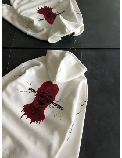 Üç İplik Kapşonlu Baskılı Oversize SweatShirt- Beyaz