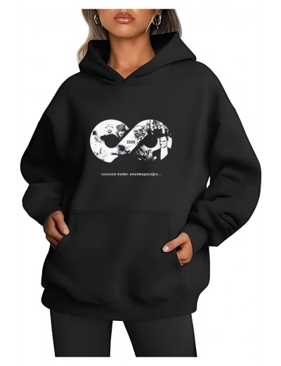 3 iplik Pamuklu Cepli  Kapüşonlu 10 Kasıma Özel SweatShirt Hoodie - Siyah