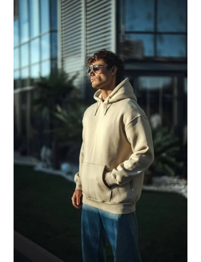 Üç İplik Penye Kapşonlu Basic SweatShirt - Bej