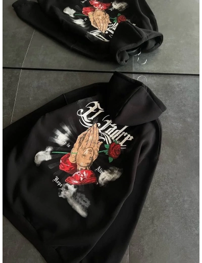 Üç İplik Penye Uzun Kol Kapşonlu Baskılı SweatShirt - Siyah