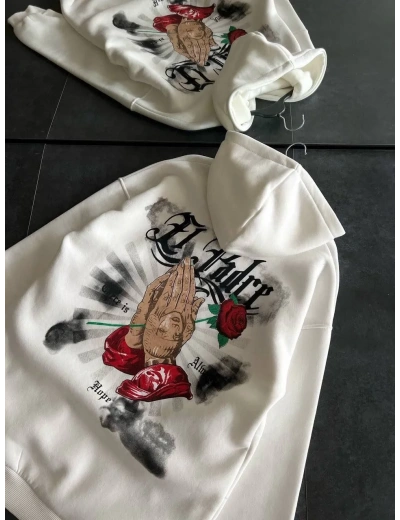 Üç İplik Penye Uzun Kol Kapüşonlu Baskılı SweatShirt - Beyaz
