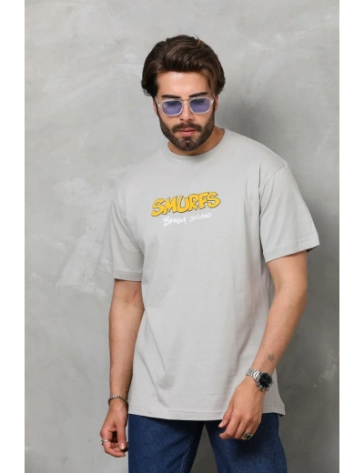 Erkek  Basic Bisiklet Yaka Oversize T-Shirt - Gri