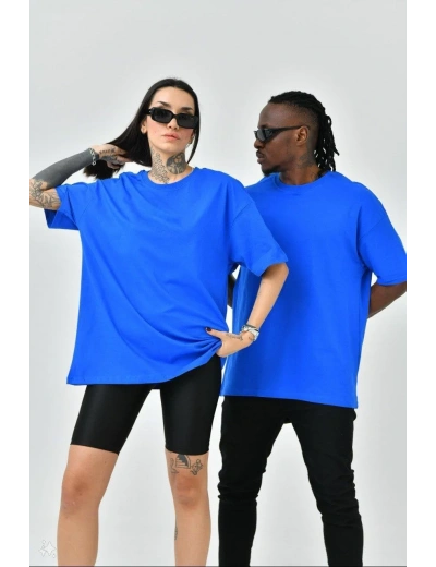Kadın Basic Bisiklet Yaka Oversize T-Shirt - Mavi