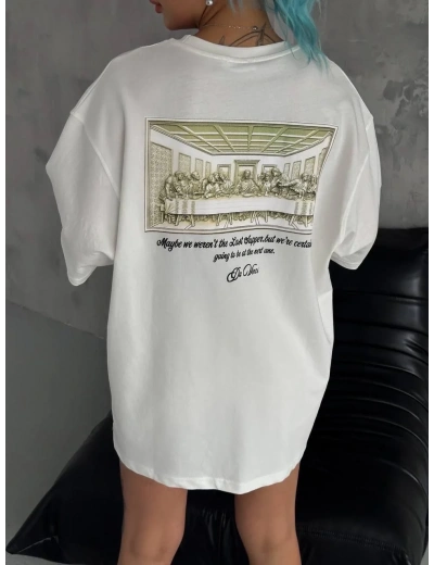 Kadın Baskılı Oversize T-Shirt - Beyaz