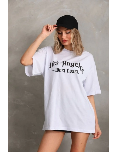 Kadın Baskılı Oversize T-Shirt - Beyaz