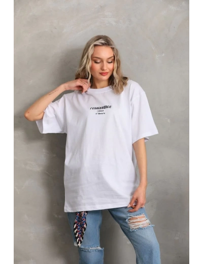 Kadın Baskılı Oversize T-Shirt - Beyaz