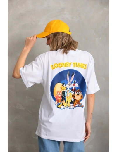 Kadın Baskılı Oversize T-Shirt - Beyaz