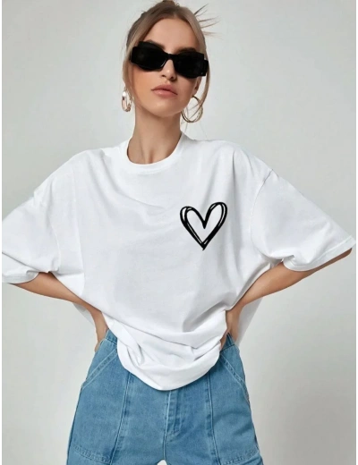 Kadın Kalp Baskılı Oversize T-Shirt - Beyaz