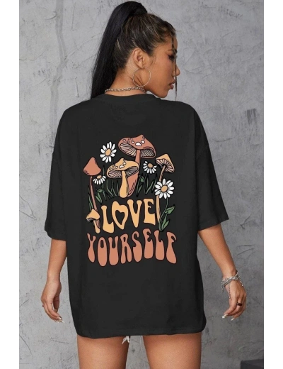 Kadın Baskılı Oversize T-Shirt - Siyah
