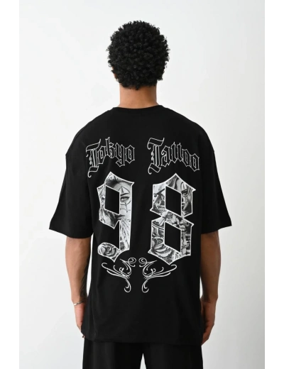 erkek Baskılı Oversize T-Shirt - Siyah