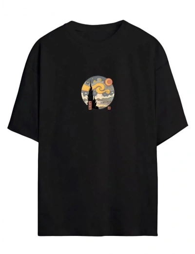 kadın Baskılı Oversize T-Shirt - Siyah