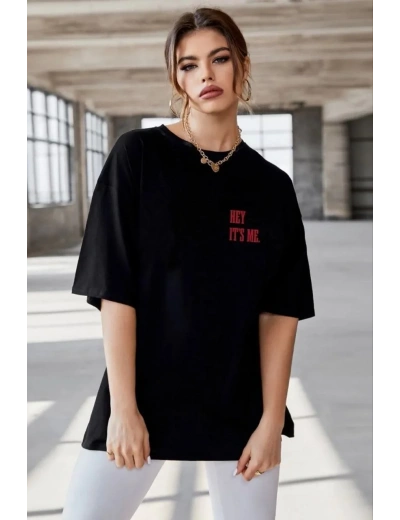 Kadın Baskılı Oversize T-Shirt - Siyah