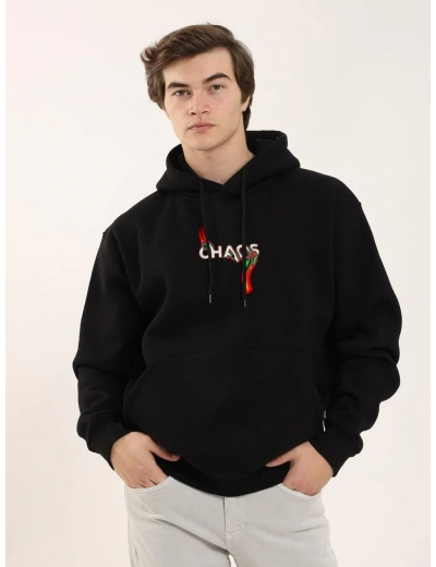 ERKEK Baskılı Oversize Üç İplik Kapüşonlu Sweatshirt - Siyah