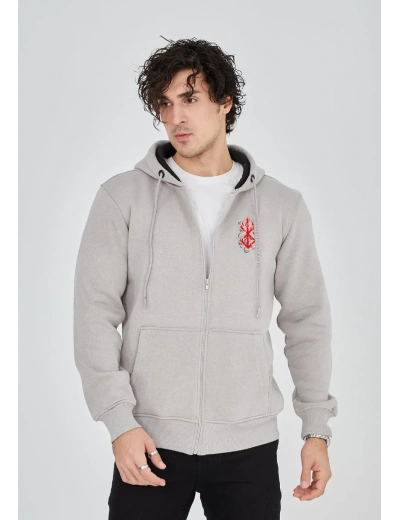 ERKEK Baskılı Tam Fermuarlı Kapşonlu SweatShirt - Boyalı Gri