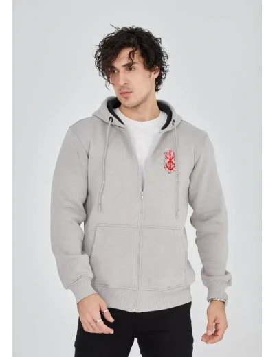 Unisex Baskılı Tam Fermuarlı Kapşonlu SweatShirt - Boyalı Gri