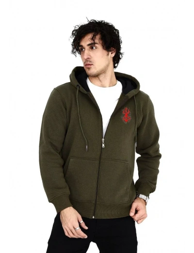 ERKEK Baskılı Tam Fermuarlı Kapşonlu SweatShirt - Haki