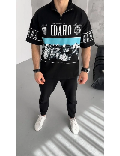 Unisex Baskılı Yarım Fermuarlı T-Shirt - Siyah