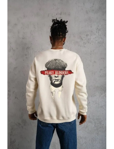 ERKEK Bisiklet Yaka Baskılı Oversize Sweatshirt - Beyaz