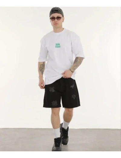 Unisex Bisiklet Yaka Baskılı Oversize T-Shirt - Beyaz