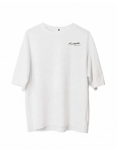 Erkek Bisiklet Yaka Baskılı Oversize T-Shirt - Beyaz