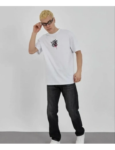 Unisex Bisiklet Yaka Baskılı Oversize T-Shirt - Beyaz