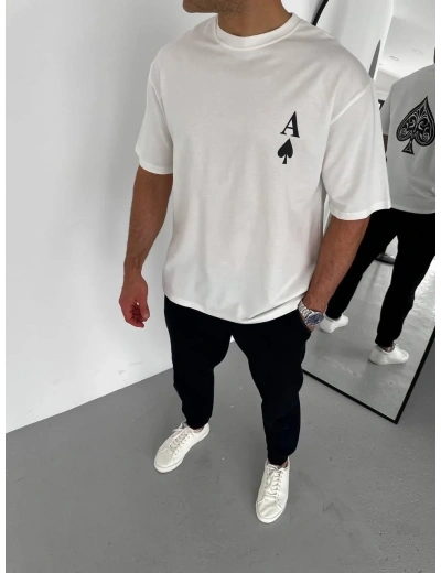 Erkek  Bisiklet Yaka Baskılı Oversize T-Shirt - Beyaz