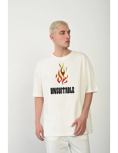 Erkek Bisiklet Yaka Baskılı Oversize T-Shirt - Beyaz