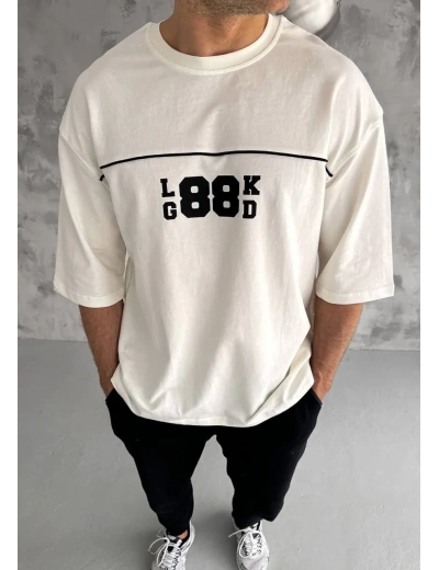 ERKEK Bisiklet Yaka Baskılı Oversize T-Shirt - Beyaz