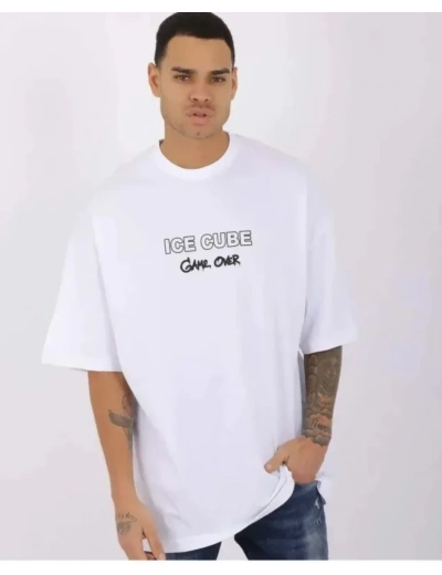 Unisex Bisiklet Yaka Baskılı Oversize T-Shirt - Beyaz
