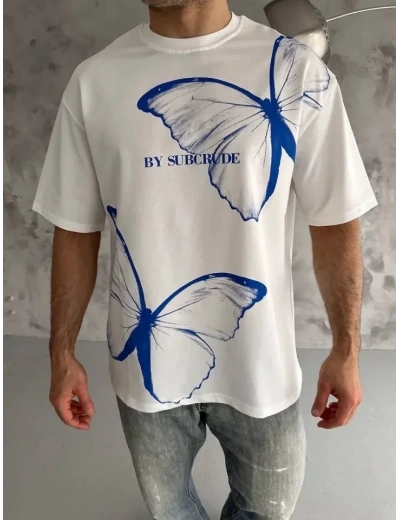 Unisex Bisiklet Yaka Baskılı Oversize T-Shirt - Beyaz