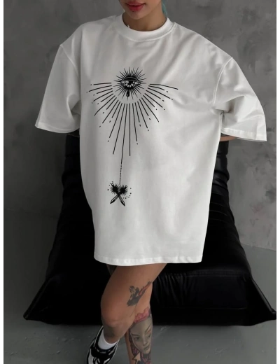 kadın Bisiklet Yaka Baskılı Oversize T-Shirt - Beyaz