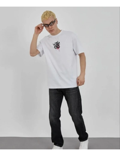 ERKEK Bisiklet Yaka Baskılı Oversize T-Shirt - Beyaz