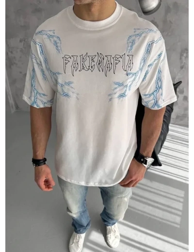 Unisex Bisiklet Yaka Baskılı Oversize T-Shirt - Beyaz